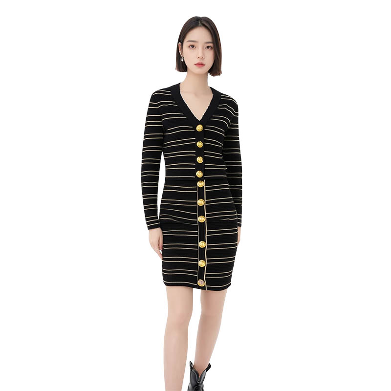 Women's V-Neck Long-Sleeved Cardigan And Skirt Suit